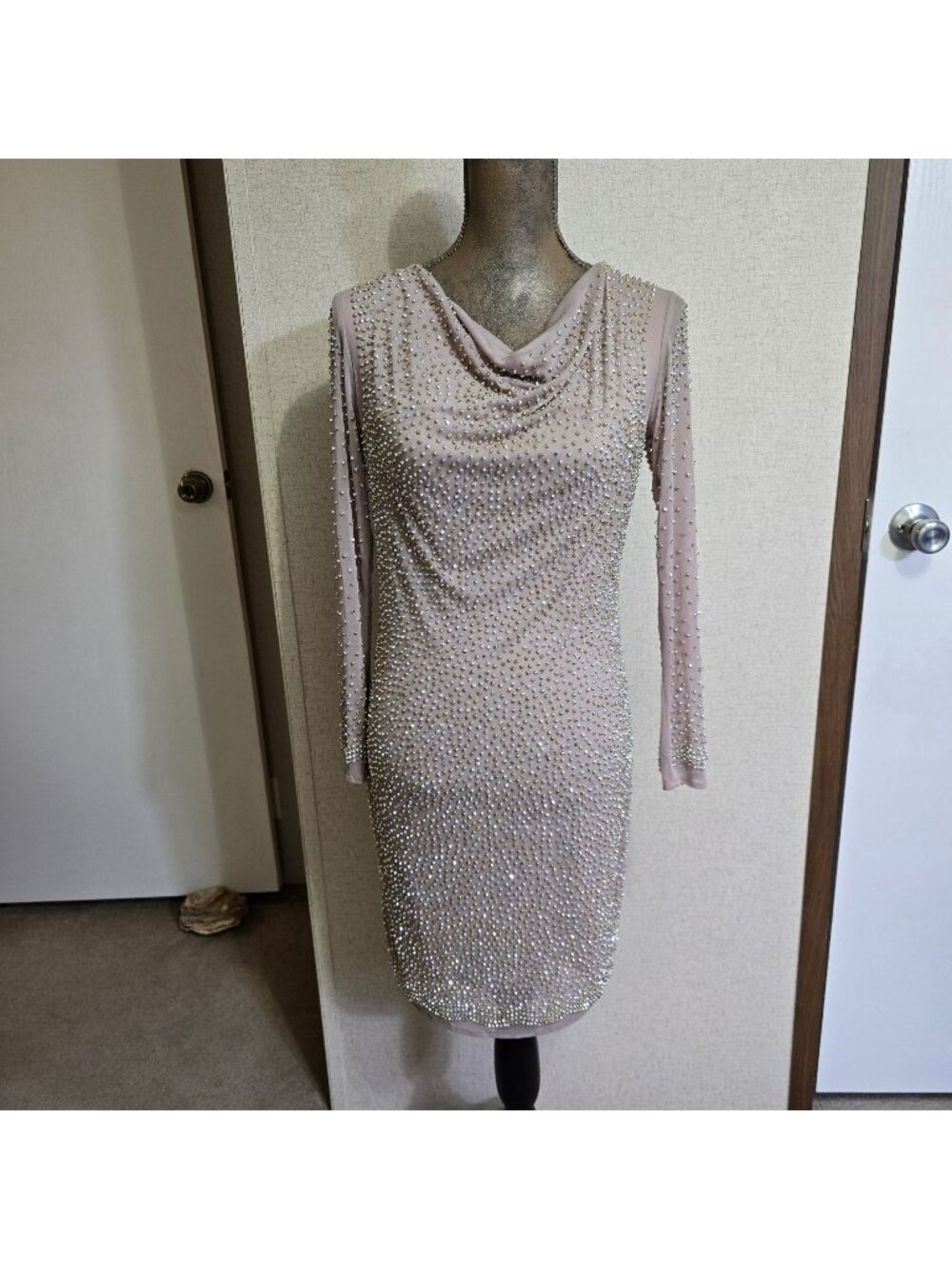 NEW Marina Size 6 Long Sleeve Beaded Sheath Dress Nude Gold & Silver Studded